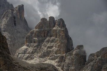 Torri del Vajolet and Catinaccio amazing peaks as seen from Antermoia pass in Catinaccio mountain massif, above Vajolet valley and Principe pass, Dolomites, South Tirol, Italy.