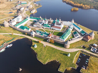 Bird's eye view of the Solovetsky Monastery and the village. Russia, Arkhangelsk region