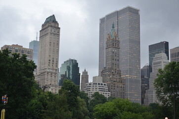 Fototapeta na wymiar View of the city skyline from Central Park in New York in cloudy weather