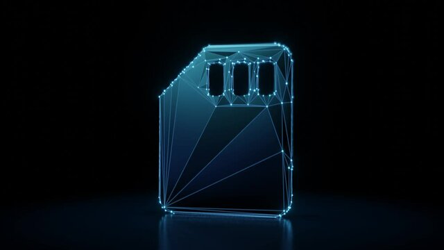 3d rendering 4k fly through wireframe neon glowing symbol of memory card   with bright dots on dark background with blured reflection on floor