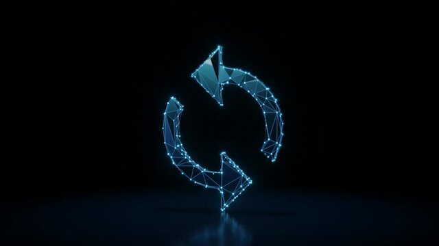 3d rendering 4k fly through wireframe neon glowing symbol of loading arrows with bright dots on dark background with blured reflection on floor