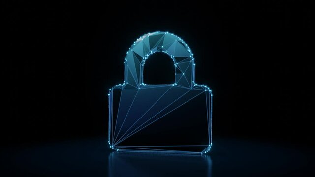 3d rendering 4k fly through wireframe neon glowing symbol of lock with bright dots on dark background with blured reflection on floor
