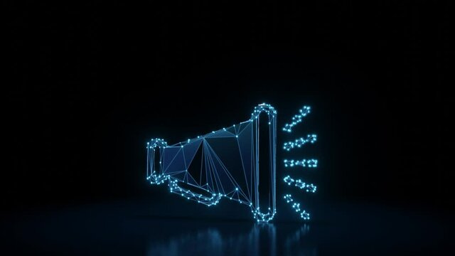 3d rendering 4k fly through wireframe neon glowing symbol of old megaphone with sound waves with bright dots on dark background with blured reflection on floor