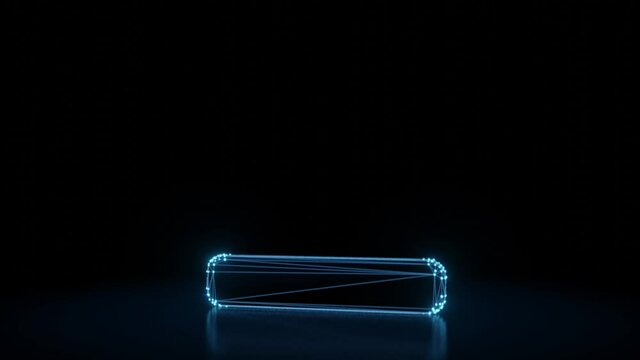 3d rendering 4k fly through wireframe neon glowing symbol of minus symbol with bright dots on dark background with blured reflection on floor