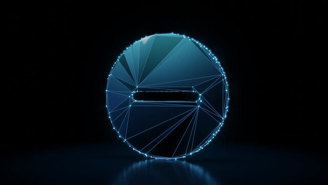 3d rendering 4k fly through wireframe neon glowing symbol of minus symbol in circle with bright dots on dark background with blured reflection on floor