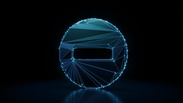 3d rendering 4k fly through wireframe neon glowing symbol of bold minus symbol in circle with bright dots on dark background with blured reflection on floor