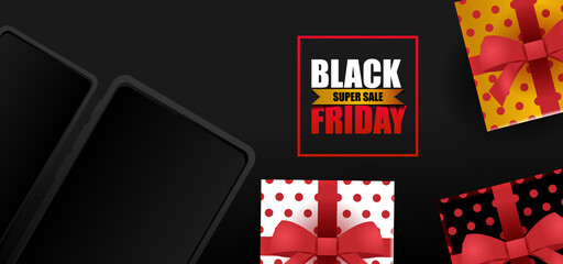 Black friday with realistic phone and gift boxes background