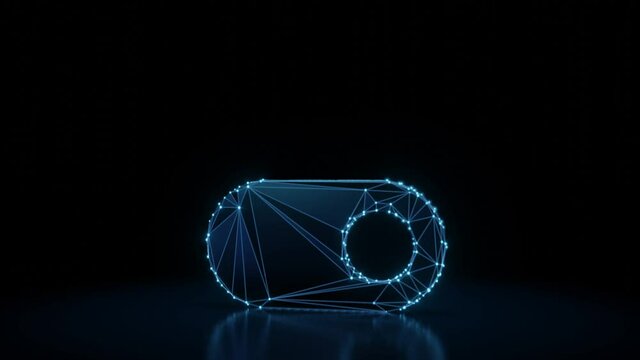 3d rendering 4k fly through wireframe neon glowing symbol of switch button with bright dots on dark background with blured reflection on floor