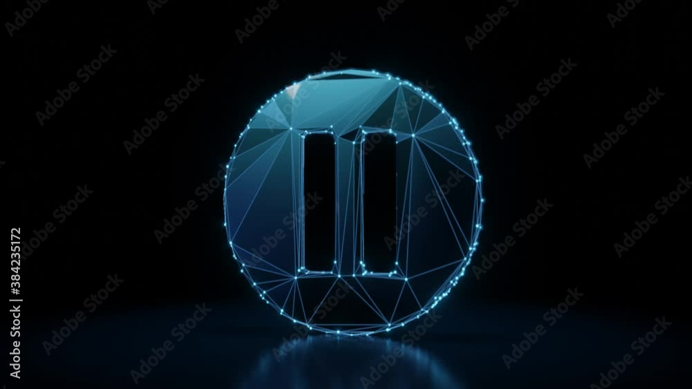 Wall mural 3d rendering 4k fly through wireframe neon glowing symbol of thin iverted pause symbol in circle wit