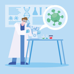 covid 19 virus vaccine research and chemical man with microscope vector design