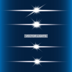 White horizontal lens flares pack. Laser beams, horizontal light rays.Beautiful light flares. Glowing streaks on dark background.