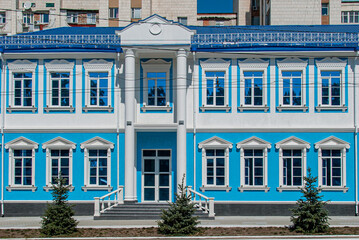 Tiraspol, Transdniester, 1 September 2017. Blue building in fake classical style in the city center.