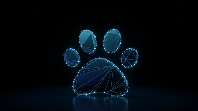3d rendering 4k fly through wireframe neon glowing symbol of animal paw with bright dots on dark background with blured reflection on floor