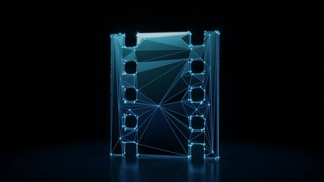 3d rendering 4k fly through wireframe neon glowing symbol of photo film strip with bright dots on dark background with blured reflection on floor