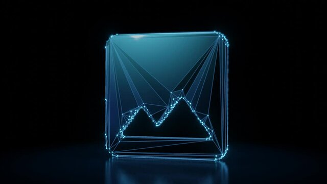 3d rendering 4k fly through wireframe neon glowing symbol of image witm mountains in rounded square with bright dots on dark background with blured reflection on floor