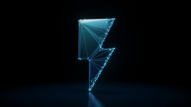 3d rendering 4k fly through wireframe neon glowing symbol of lightning with bright dots on dark background with blured reflection on floor