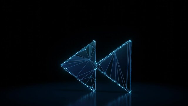 3d rendering 4k fly through wireframe neon glowing symbol of rewind sign with bright dots on dark background with blured reflection on floor