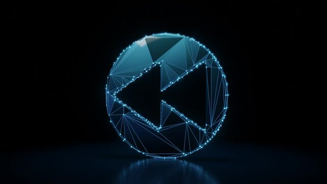3d rendering 4k fly through wireframe neon glowing symbol of rewind sign in circle with bright dots on dark background with blured reflection on floor