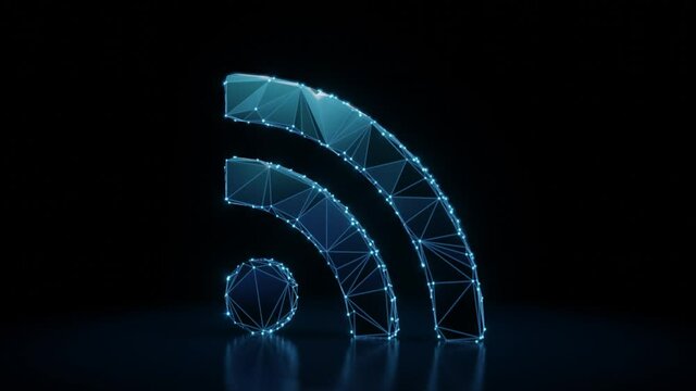 3d rendering 4k fly through wireframe neon glowing symbol of rss icon with bright dots on dark background with blured reflection on floor