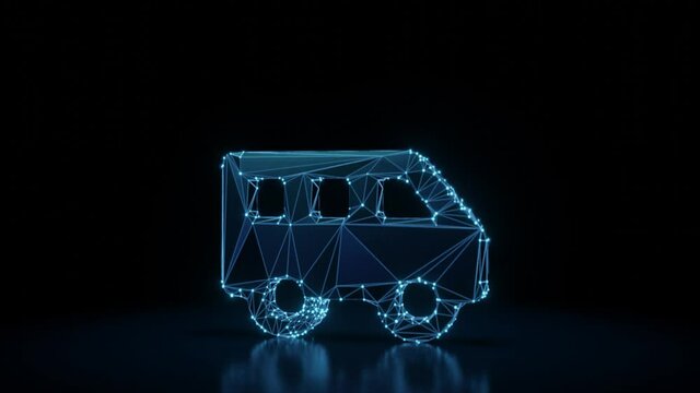3d rendering 4k fly through wireframe neon glowing symbol of shuttle van with bright dots on dark background with blured reflection on floor