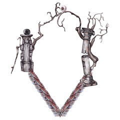 Horror frame in gothic style. Antique ruins and dry spooky trees with fir, leaves and human eye.  Halloween and mystical decoration. Watercolor hand painted isolated elements on white background.