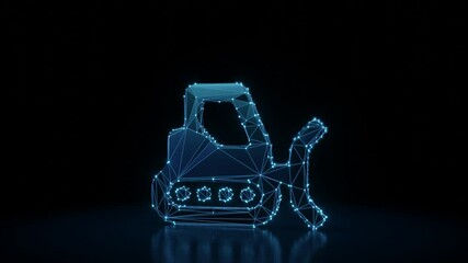 3d rendering 4k fly through wireframe neon glowing symbol of snowplow with bright dots on dark background with blured reflection on floor