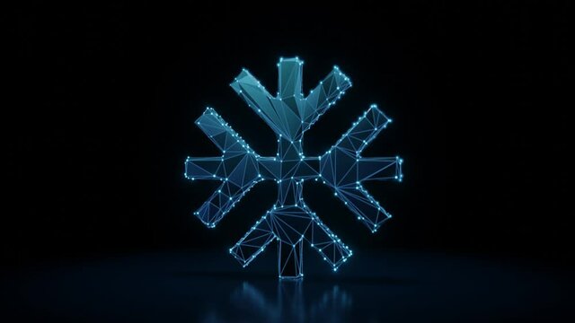 3d rendering 4k fly through wireframe neon glowing symbol of snowflake with bright dots on dark background with blured reflection on floor