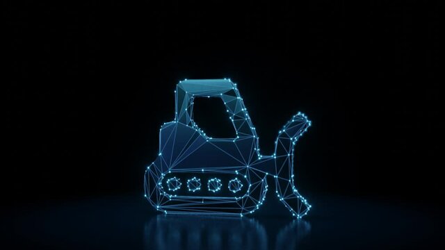 3d rendering 4k fly through wireframe neon glowing symbol of snowplow with bright dots on dark background with blured reflection on floor