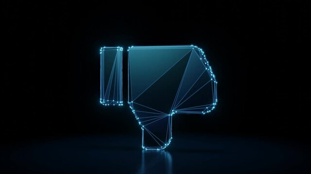 3d rendering 4k fly through wireframe neon glowing symbol of thumbs down with bright dots on dark background with blured reflection on floor
