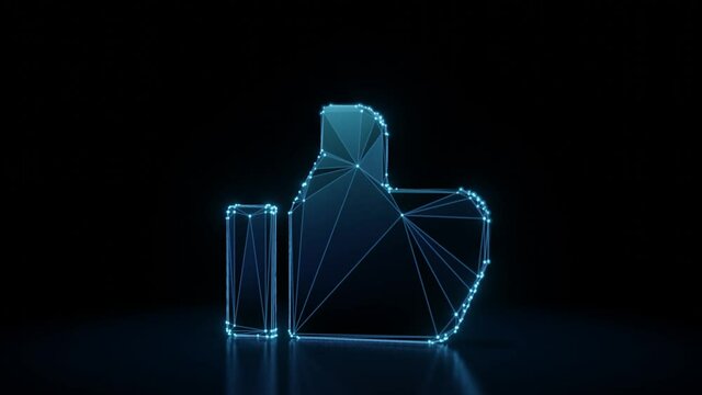 3d rendering 4k fly through wireframe neon glowing symbol of thumbs up with bright dots on dark background with blured reflection on floor