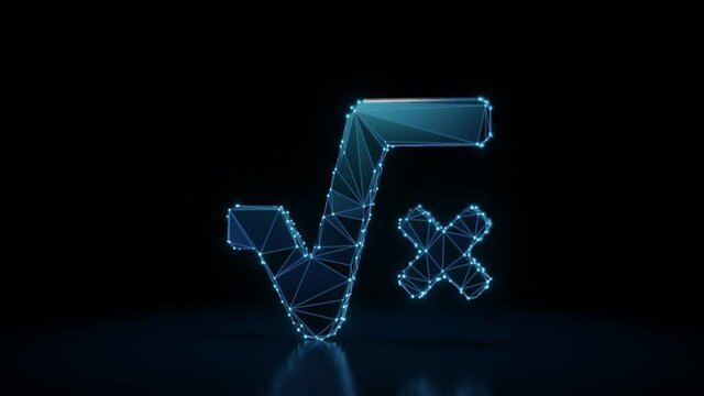 3d rendering 4k fly through wireframe neon glowing symbol of root and letter x with bright dots on dark background with blured reflection on floor