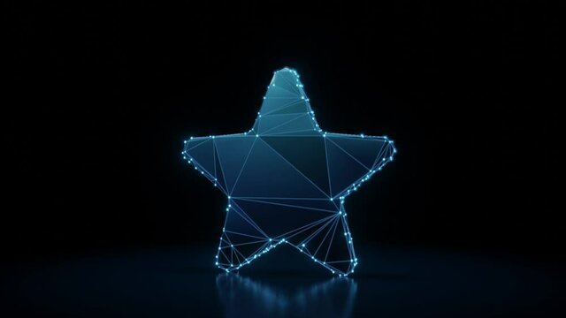 3d rendering 4k fly through wireframe neon glowing symbol of star with rounded points with bright dots on dark background with blured reflection on floor