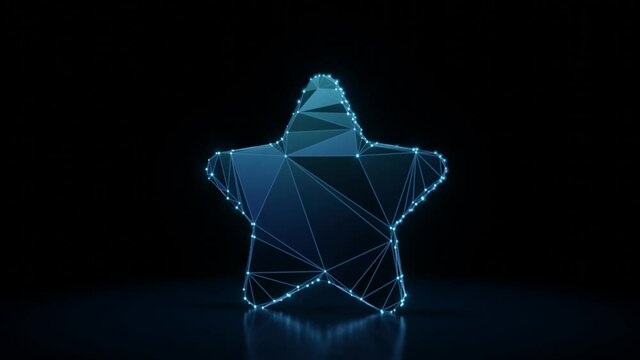 3d rendering 4k fly through wireframe neon glowing symbol of star with rounded points with bright dots on dark background with blured reflection on floor