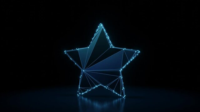 3d rendering 4k fly through wireframe neon glowing symbol of star with sharp points with bright dots on dark background with blured reflection on floor