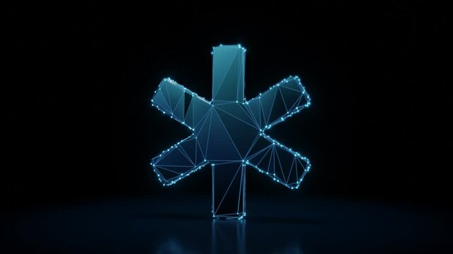 3d rendering 4k fly through wireframe neon glowing symbol of  six-pointed star of life with bright dots on dark background with blured reflection on floor