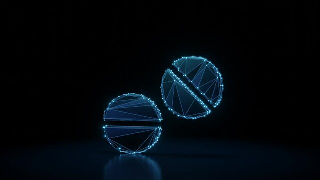 3d rendering 4k fly through wireframe neon glowing symbol of two pills with bright dots on dark background with blured reflection on floor