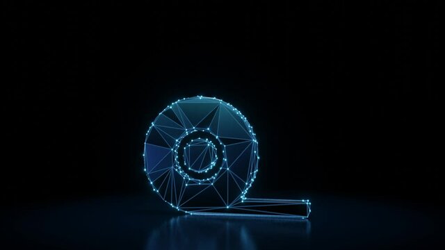 3d rendering 4k fly through wireframe neon glowing symbol of tape with bright dots on dark background with blured reflection on floor