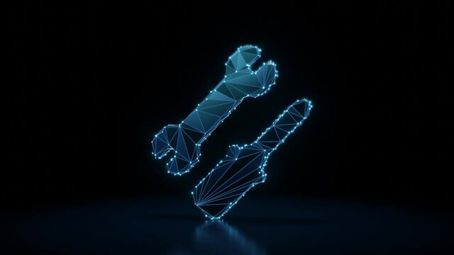 3d rendering 4k fly through wireframe neon glowing symbol of french key and screwdriver with bright dots on dark background with blured reflection on floor