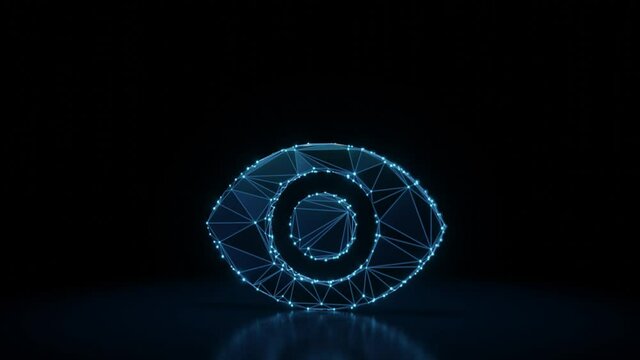 3d rendering 4k fly through wireframe neon glowing symbol of open eye with bright dots on dark background with blured reflection on floor