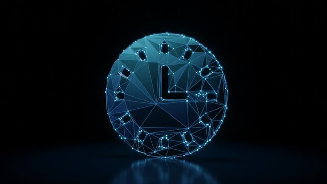 3d rendering 4k fly through wireframe neon glowing symbol of wall clock with bright dots on dark background with blured reflection on floor