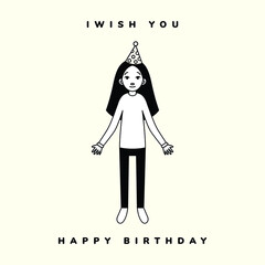 i wish you happy birthday simple minimalist illustration design of a  girl standing and wearing a party hat