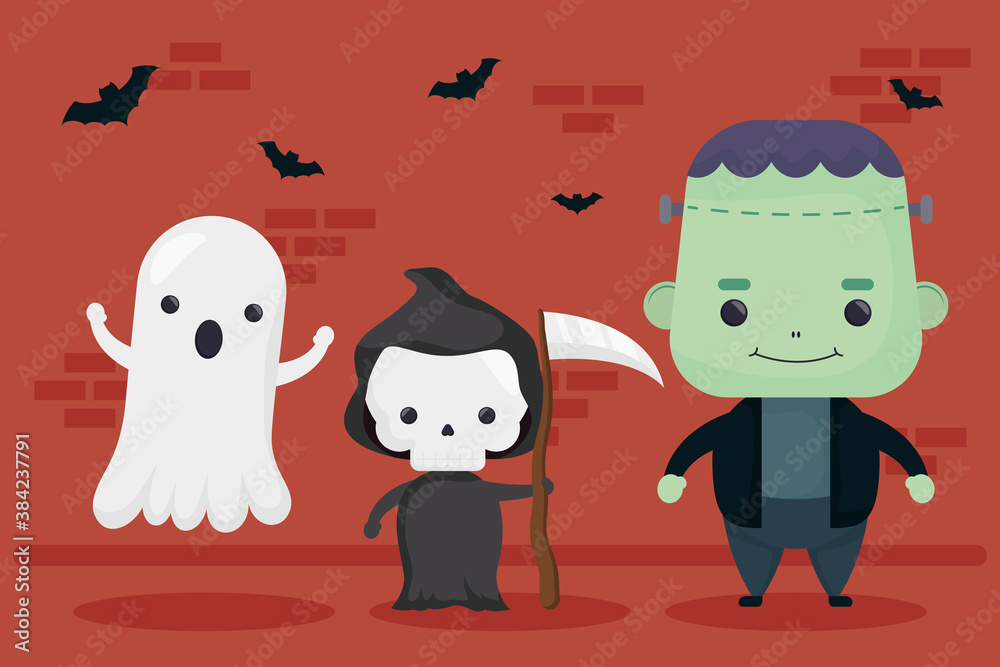 Wall mural happy halloween frankenstein and ghost with death characters