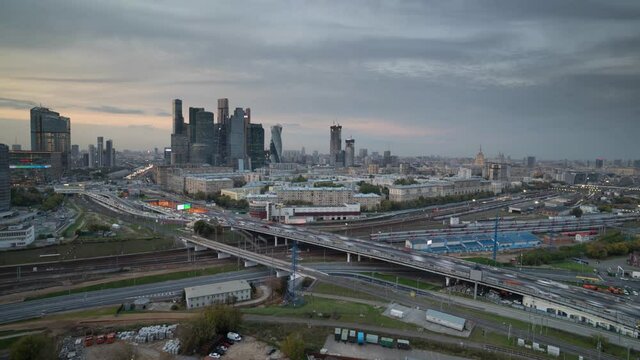 the transition from day to night, with the inclusion of street lighting with a view on Moscow city and the Third ring road