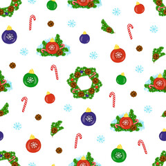 Seamless pattern with Christmas decor, wreath, balls, snowflakes, candies