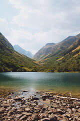 view of the lake in the mountains.