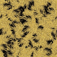 Gold glitter and black tropical seamless pattern. High quality illustration. Digital glitter texture in the shape of tropical palm tree leaves overlayed on a black background. Seamless design.