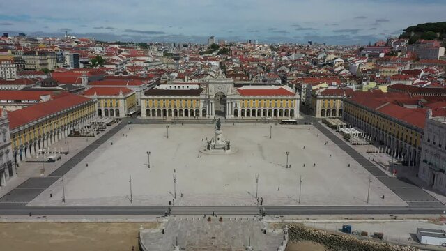 Aerial view of Pra&ccedil;a do Comercio in Lisbon, empty in quarantine time - Portugal