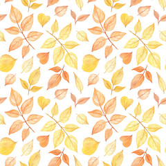 Light and sunny seamless pattern with rose leaves and petals on a white isolated background. Watercolor botanical illustration. Perfect for autumn.