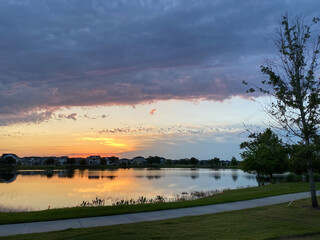 Beautiful pink, orange and blue sunset reflecting on a lake