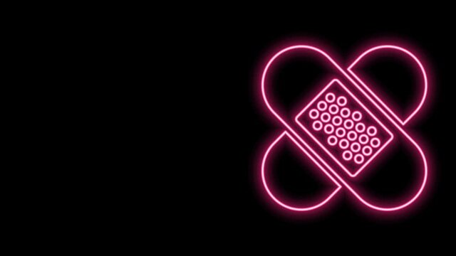 Glowing neon line Crossed bandage plaster icon isolated on black background. Medical plaster, adhesive bandage, flexible fabric bandage. 4K Video motion graphic animation